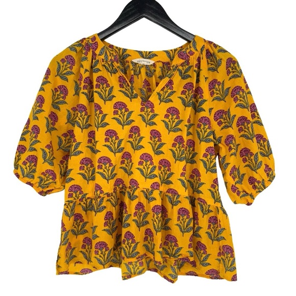 Printfresh Countryside Drives Puff Sleeve Peplum Blouse Small Gold Floral Boho - Picture 2 of 8
